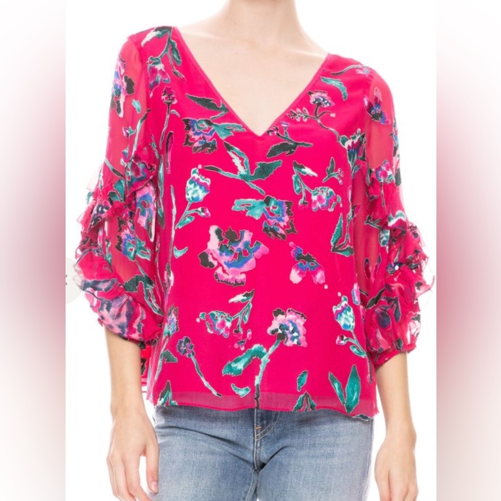 Tanya Taylor Margarita Hot Pink Silk Blouse, size 12 NWT